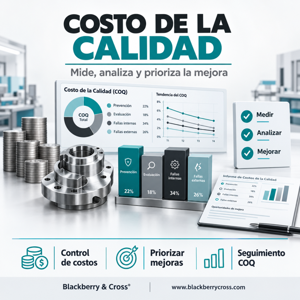 Infografía del curso El Costo de la Calidad de Blackberry & Cross, con gráficos COQ, categorías de costos de prevención, evaluación y fallas, análisis de tendencias y herramientas para priorizar mejoras.