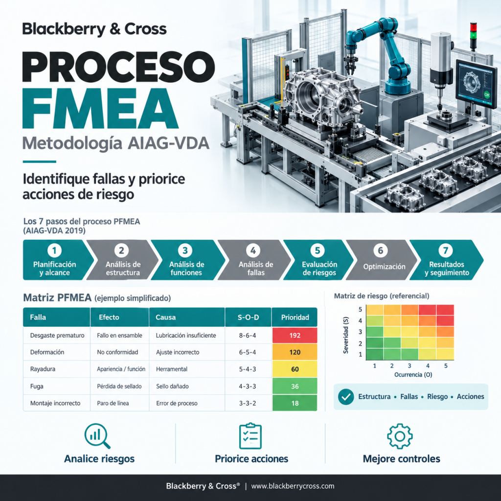 Imagen promocional del curso Proceso FMEA AIAG-VDA de Blackberry & Cross®, con una línea de manufactura, matriz de riesgos, análisis de fallas y metodología de siete pasos para la priorización de acciones.