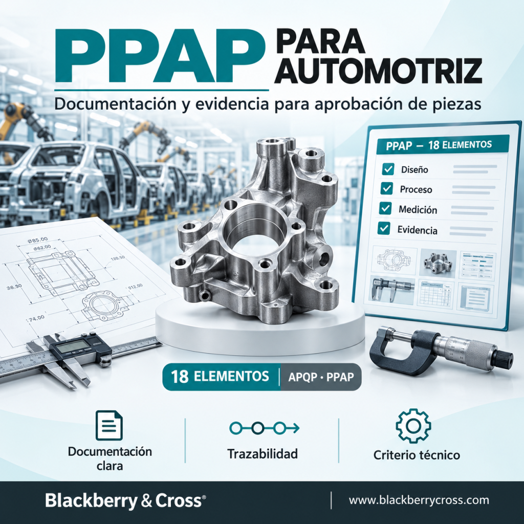Imagen promocional del curso PPAP para Automotriz de Blackberry & Cross®, con una pieza mecanizada, planos técnicos, instrumentos de medición y una lista de verificación de los 18 elementos PPAP.