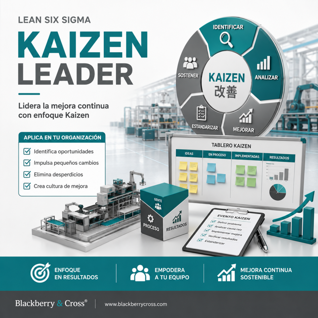Curso Lean Six Sigma Kaizen Leader para aprender a liderar la mejora continua, identificar oportunidades, eliminar desperdicios y fortalecer la cultura Kaizen en las organizaciones.