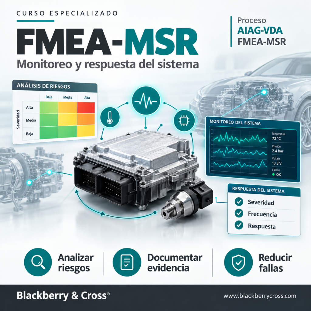 Imagen promocional del curso FMEA-MSR de Blackberry & Cross®, con una unidad electrónica automotriz, sensores, gráficos de monitoreo, matriz de riesgos y elementos de análisis de fallas según el proceso AIAG-VDA.