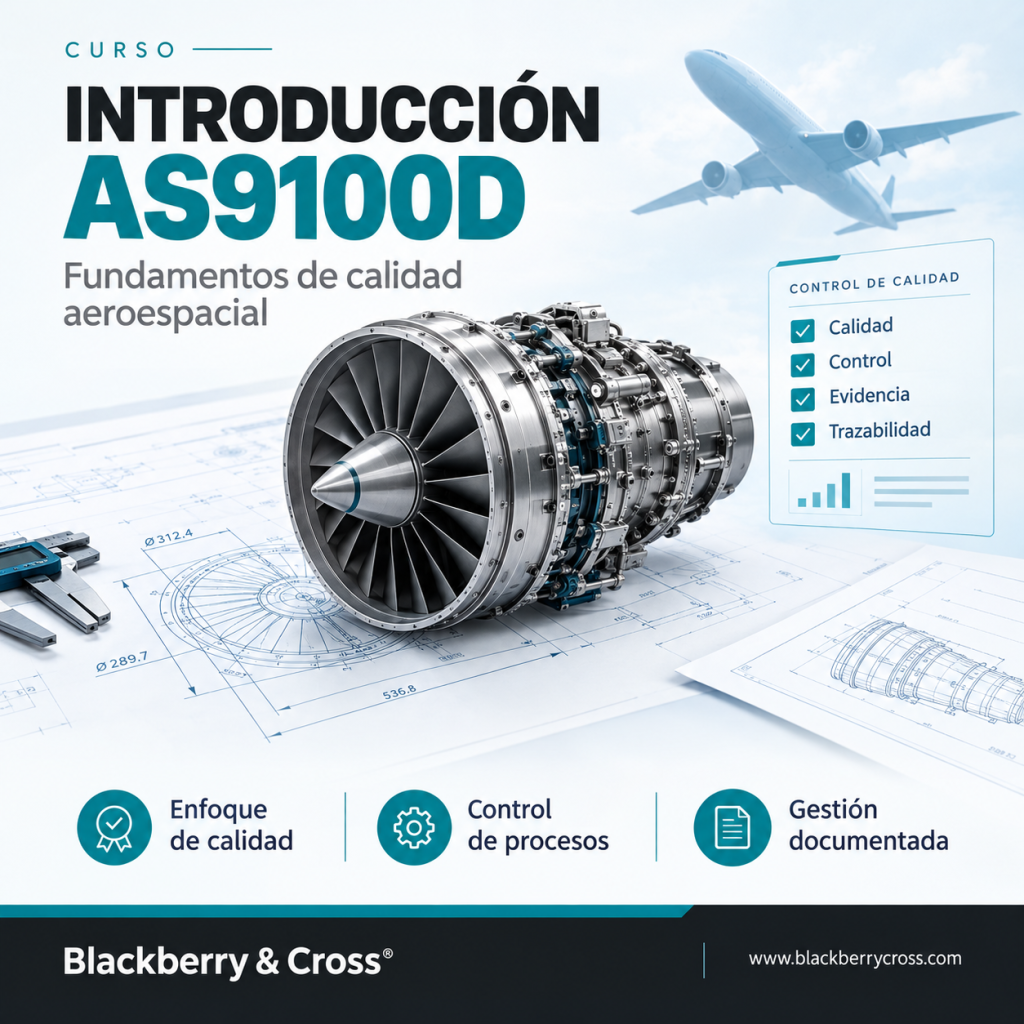 Imagen promocional del curso Introducción a la Formación AS9100D, con un motor aeronáutico, planos técnicos y elementos de control de calidad, trazabilidad y documentación aeroespacial.