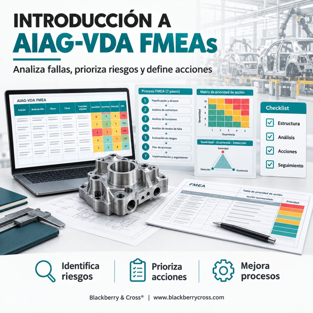 Imagen promocional del curso Introducción a AIAG-VDA FMEAs de Blackberry & Cross®, con matriz de riesgos, análisis de fallas, checklist y herramientas de ingeniería para la industria automotriz.