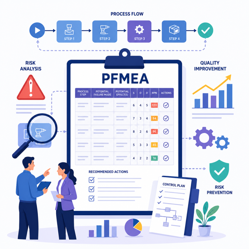 Curso PFMEA para análisis de riesgos de proceso, con tabla FMEA, flujo de proceso, RPN, acciones recomendadas y plan de control.