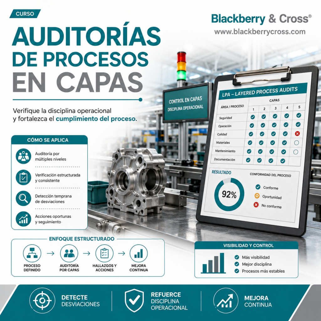 Profesionales de manufactura realizando una Auditoría de Procesos en Capas (LPA) para verificar el cumplimiento de estándares de calidad y fortalecer la mejora continua.