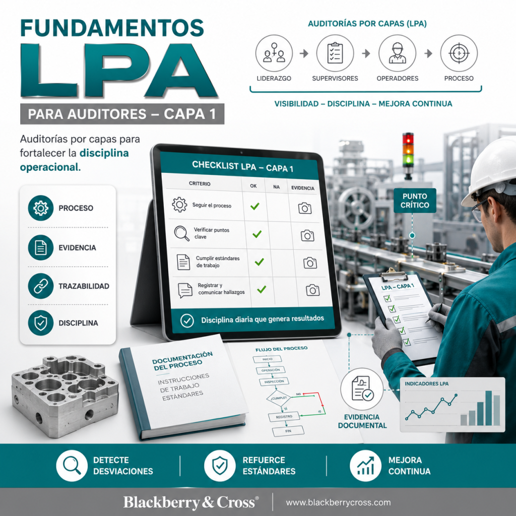 Ilustración técnica de auditorías por capas (LPA) mostrando checklist, documentación, trazabilidad y procesos de manufactura para capacitación de auditores.