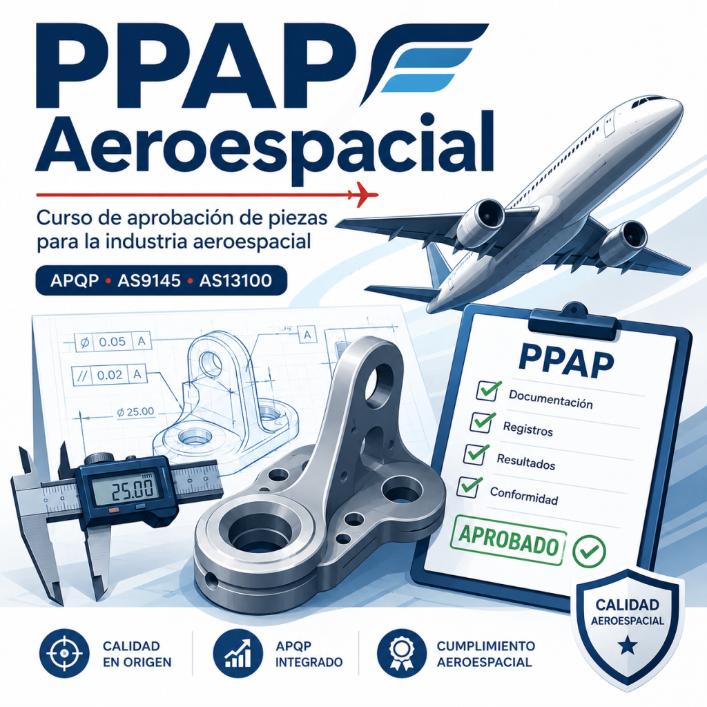 Imagen promocional del curso PPAP Aeroespacial con avión, plano técnico, componente industrial, checklist PPAP aprobado y referencias a APQP, AS9145 y AS13100
